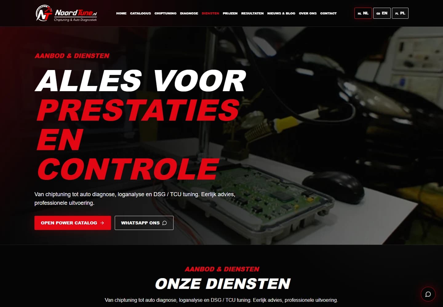 Dutch NoordTune services page introducing chiptuning, diagnostics and transmission software.