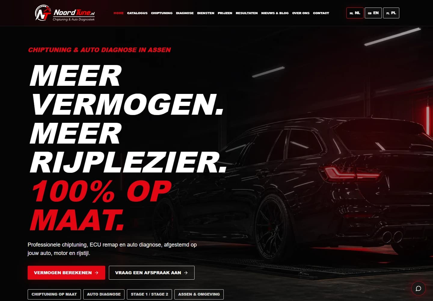 Dutch NoordTune homepage with the original logo, red typography and a dark car photograph.