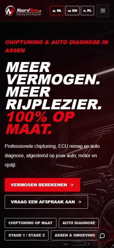 Mobile Dutch NoordTune homepage with compact navigation and the automotive service introduction.