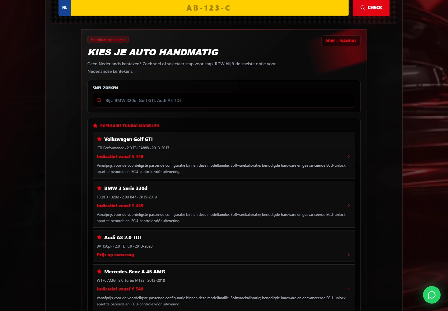 Manual selection in the Dutch Power Catalog with an empty search field and real public model profiles.