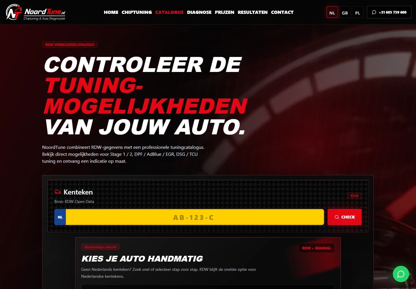 Dutch NoordTune Power Catalog with empty RDW number plate input and the entry to manual vehicle selection.