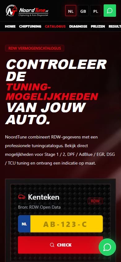 Mobile Dutch Power Catalog with the vehicle introduction and empty number plate input.