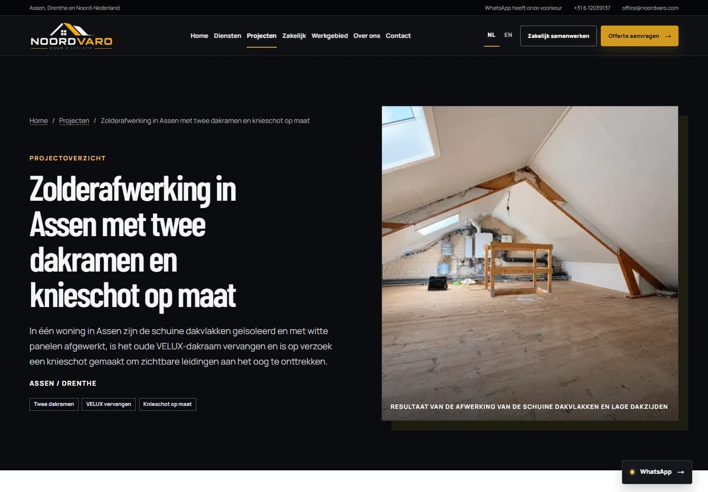 Nederlandse Noordvaro-projectpagina over zolderafwerking in Assen met twee dakramen en een knieschot op maat.