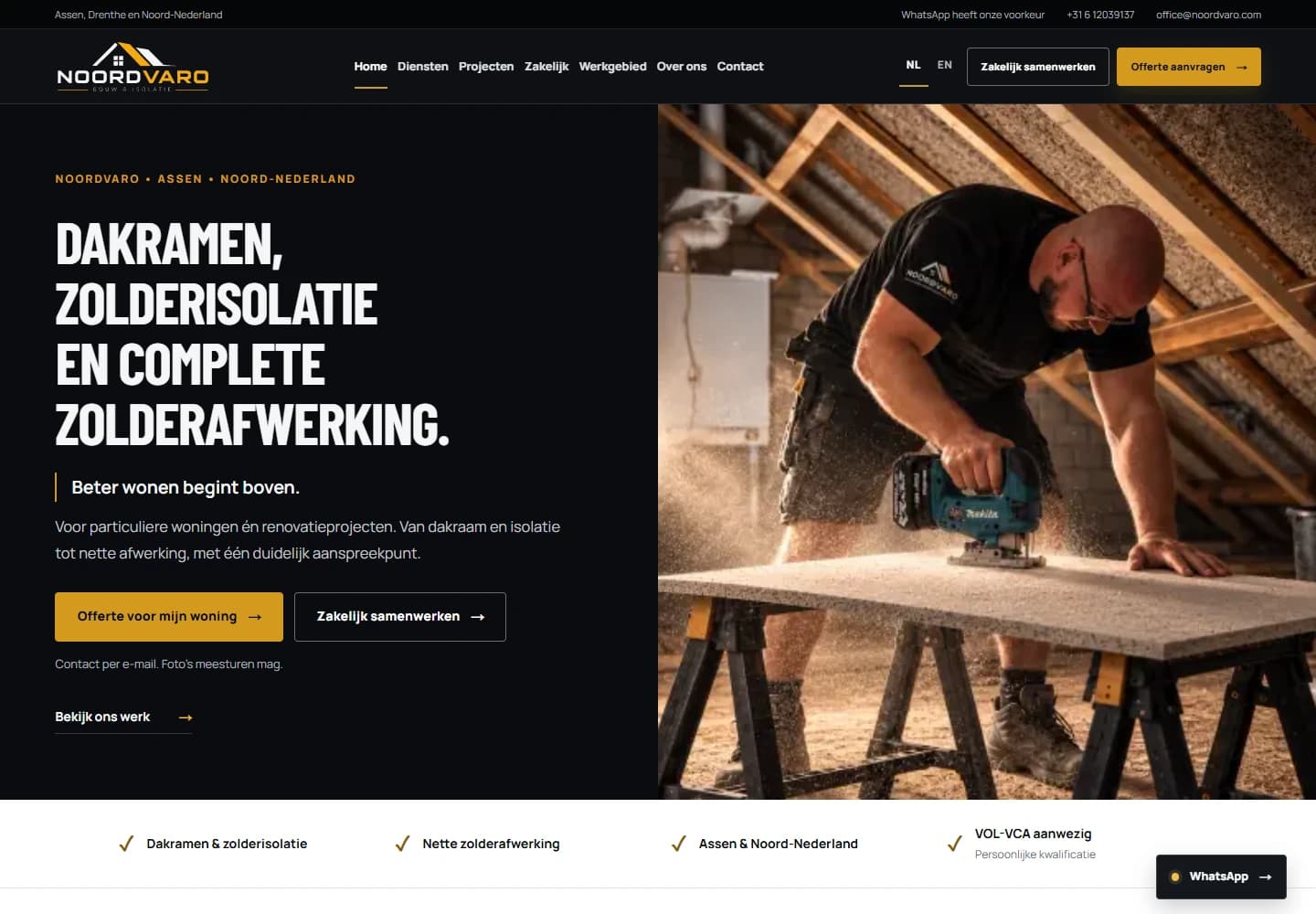 Dutch Noordvaro homepage with the original logo, an attic work photograph and renovation service entries.