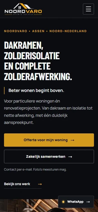 Mobiele Nederlandse Noordvaro-homepagina met navigatie, renovatie-introductie en eigen projectfotografie.